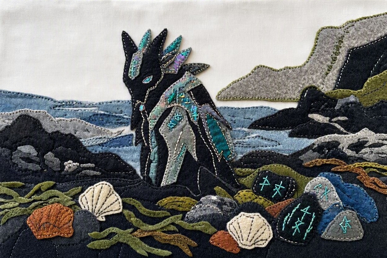 BoomFuzzy-scottish-phooka-faerie-grimm-form-Wendy-C-Allen-felt-embroidery-art