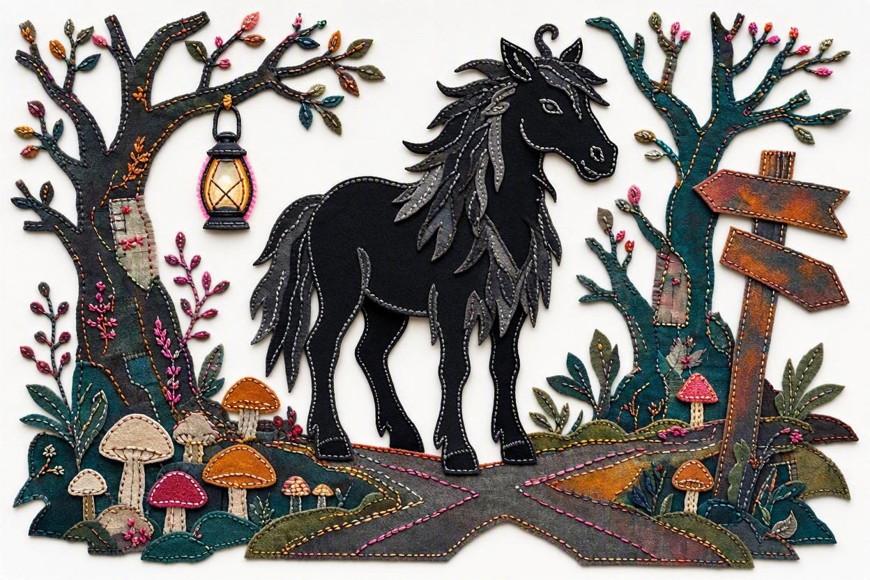 BoomFuzzy-scottish-phooka-faerie-kelpie-form-demon-at-crossroads-Wendy-C-Allen-felt-embroidery-art6