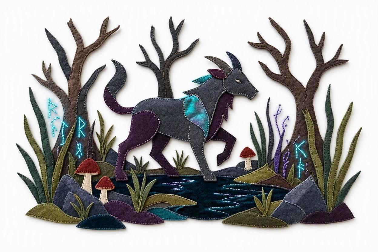 BoomFuzzy-scottish-phooka-faerie-swampcreature-form-Wendy-C-Allen-felt-embroidery-art