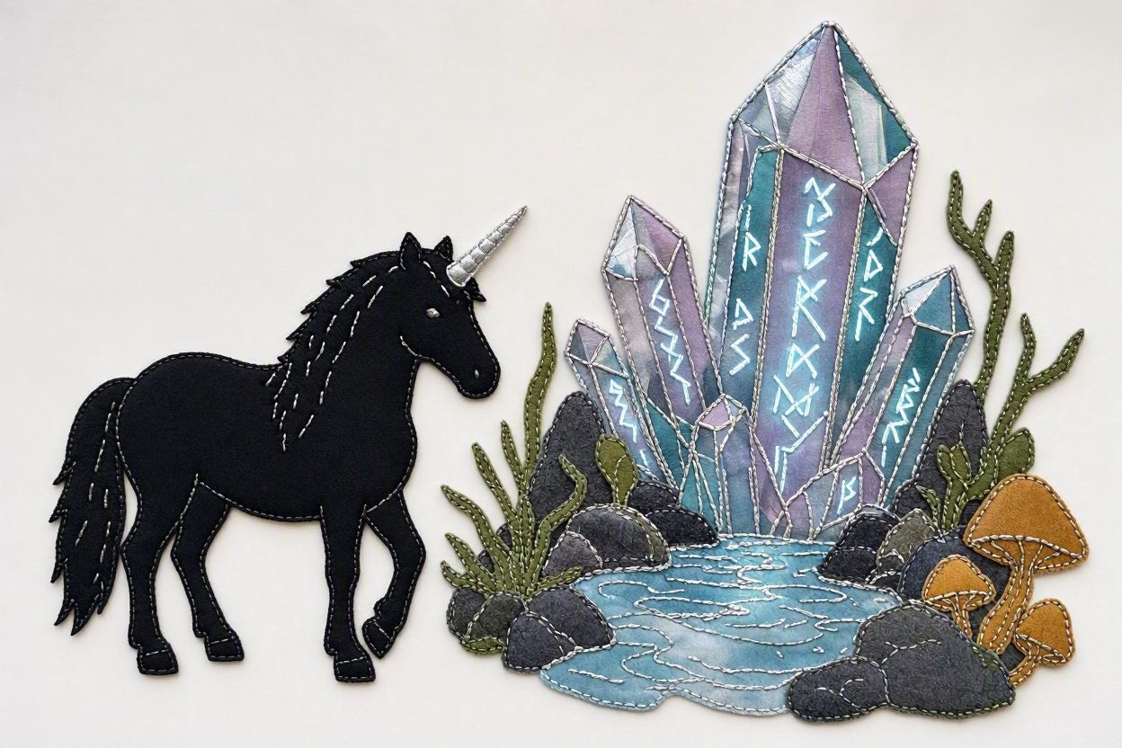 BoomFuzzy-scottish-phooka-faerie-unicorn-3-form-Wendy-C-Allen-felt-embroidery-art