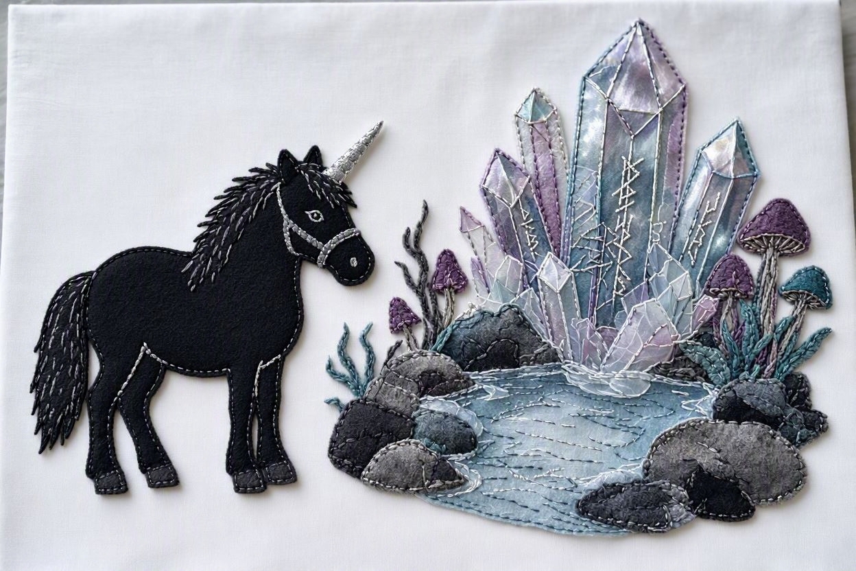 BoomFuzzy-scottish-phooka-faerie-unicorn-form-Wendy-C-Allen-felt-embroidery-art